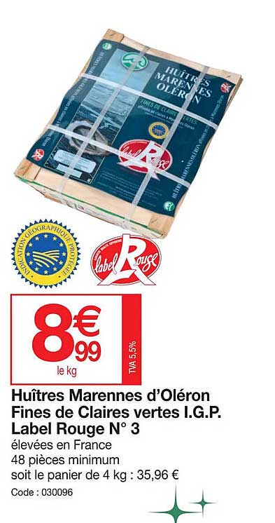 huîtres marennes d'oléron fines de claires vertes i.g.p. label rouge n°3