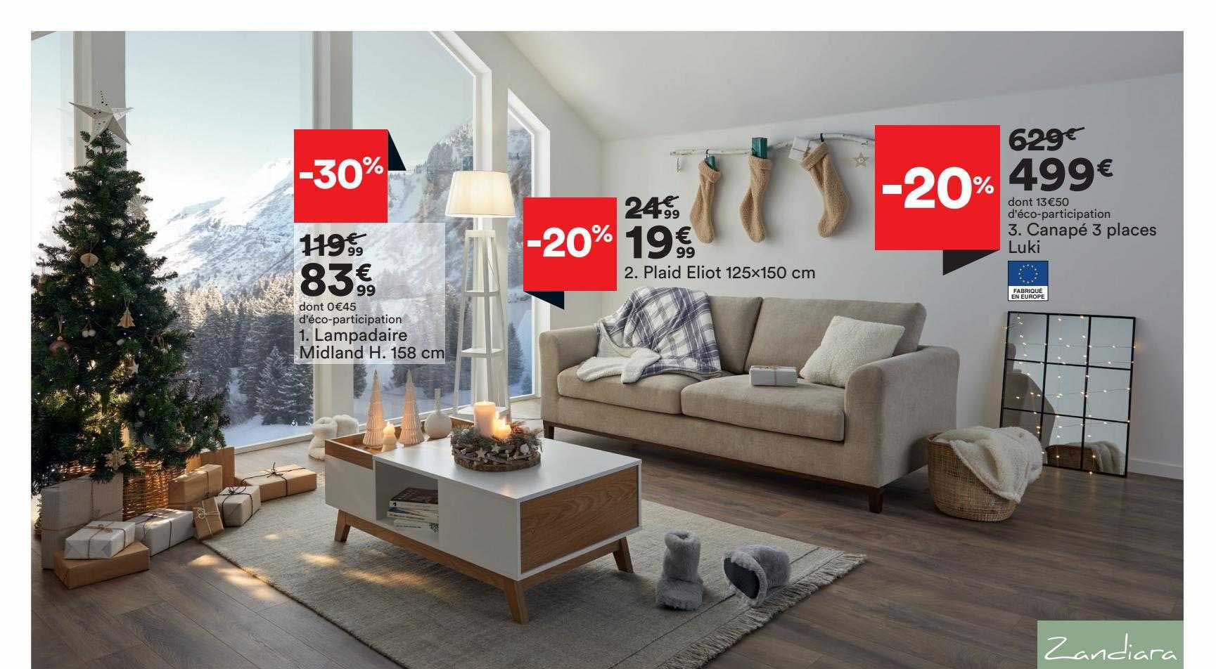 lampadaire midland h.158 cm, plaid eliot 125x150 cm, canapé 3 places luki zandiara