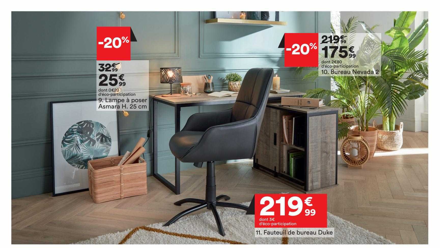 lampe à poser asmara h. 25 cm, bureau nevada 2 , fauteuil de bureau duke