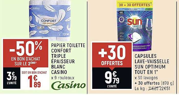 papier toilette confort triple épaisseur blanc casino ou capsules lave-vaisselle sun optimum tout en 1