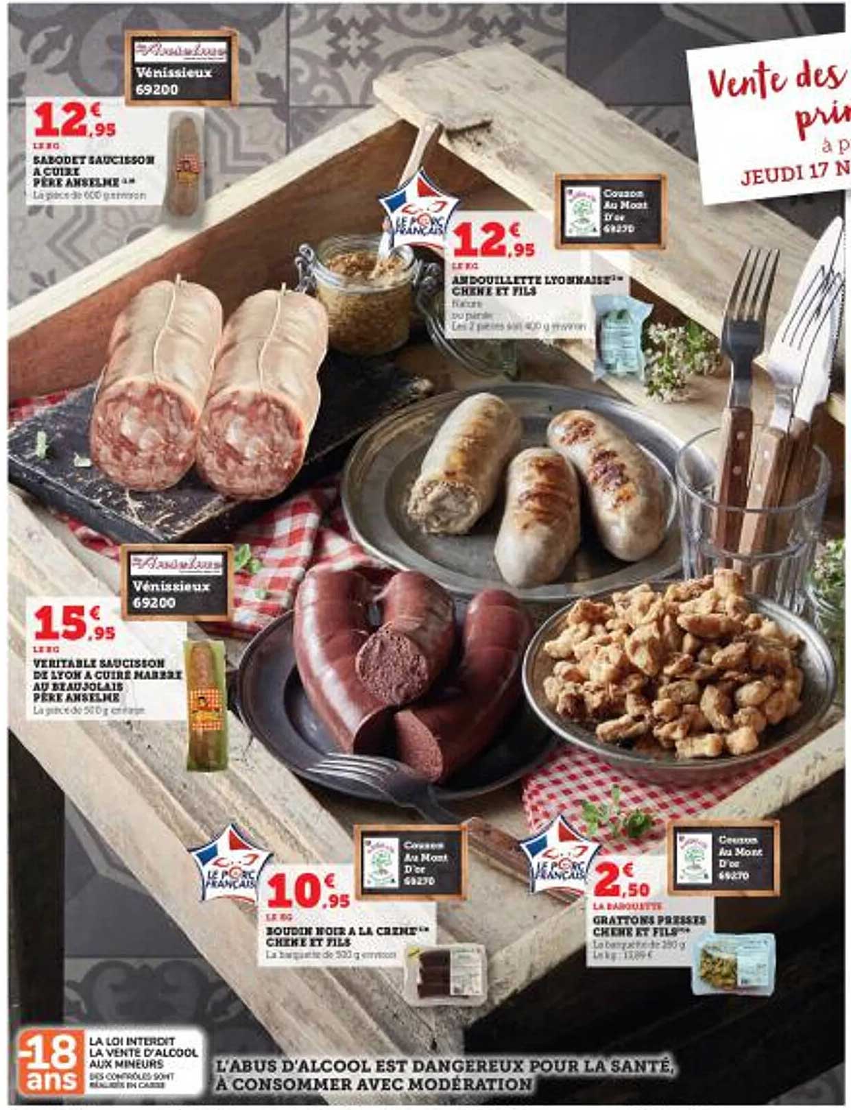 sabodet saucisson à cuire père anselme, andouillette lyonnaise chêne et fils, véritable saucisson de lyon à cuire marbre au beaujolais père anselme, boudin noir à la crème chêne et fils