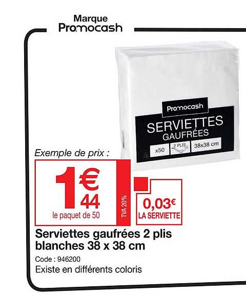 serviettes gaufrées 2 plis blanches 38 x 38 cm