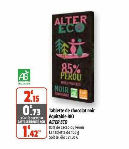 tablette de chocolat noir équitable bio alter eco