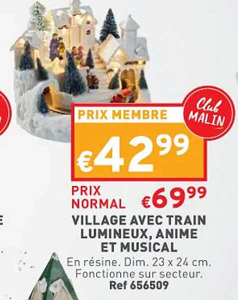 village avec train lumineux, animé et musical
