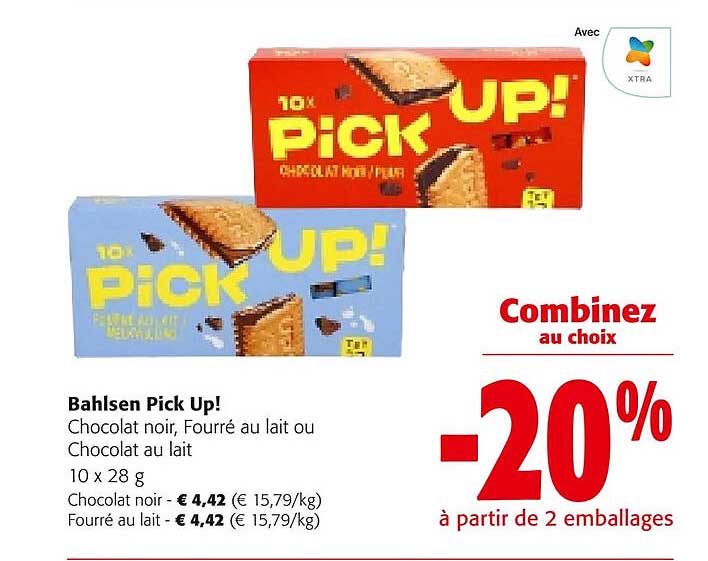 bahlsen pick up! chocolat noir, fourré au lait ou chocolat au lait