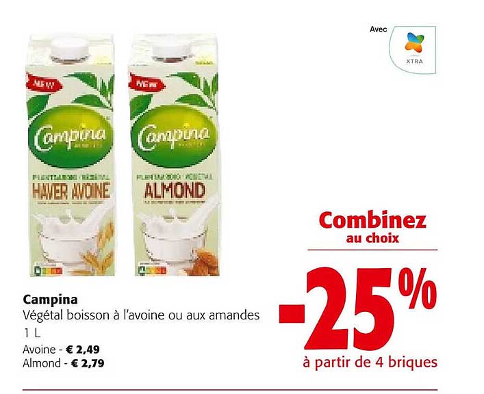 campina végétal boisson à l'avoine ou aux amandes
