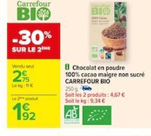 chocolat en poudre 100% cacao maigre non sucré carrefour bio