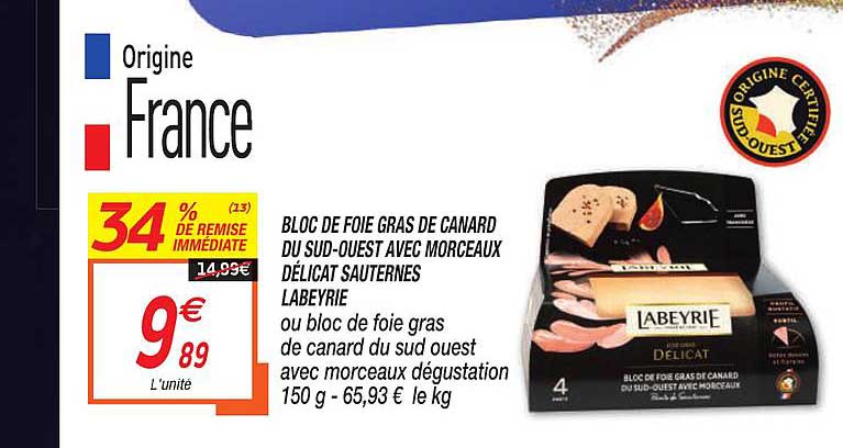 bloc de foie gras de canard du sud-ouest avec morceaux délicat sauternes labeyrie