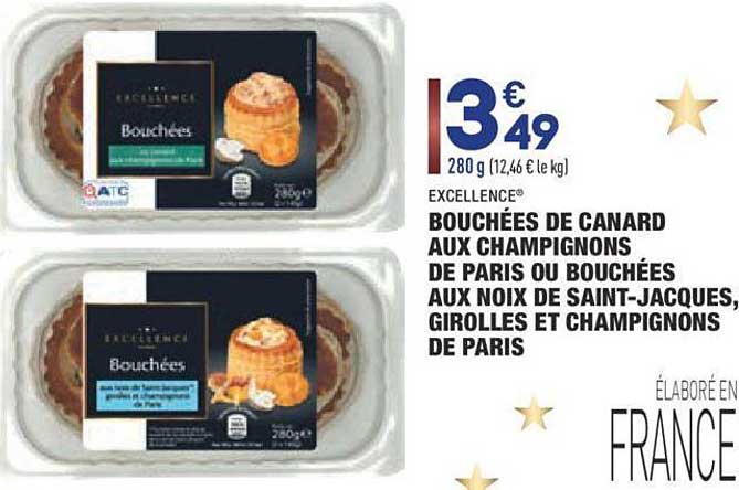 bouchées de canard aux champignons de paris ou bouchées aux noix de saint-jacques, girolles et champignons de paris