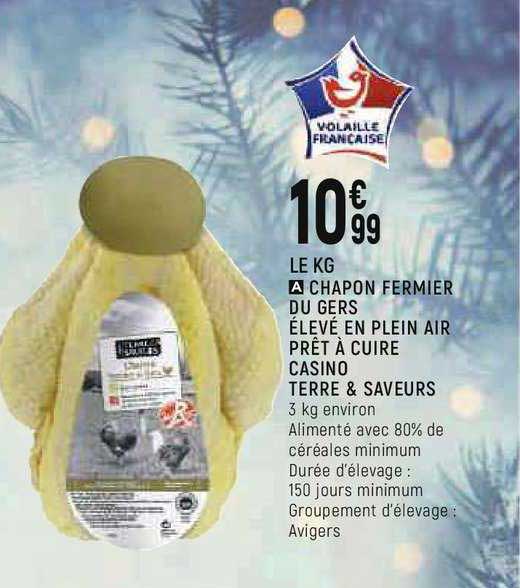 chapon fermier du gers élevé en plein air prêt à cuire casino terre & saveurs