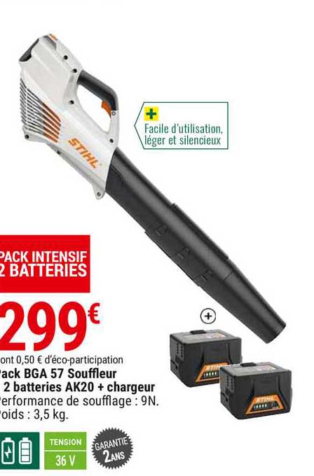 pack bga 57 souffleur + 2 batteries ak20 +chargeur stihl