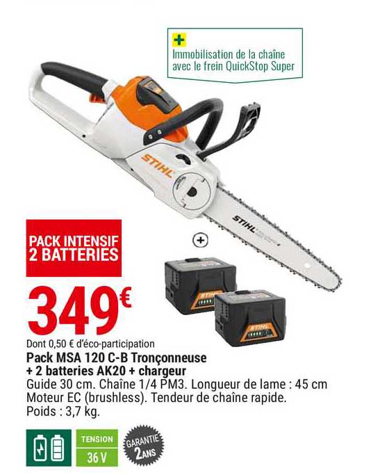 pack msa 120 c b tronçonneuse + 2 batteries ak20 + chargeur stihl