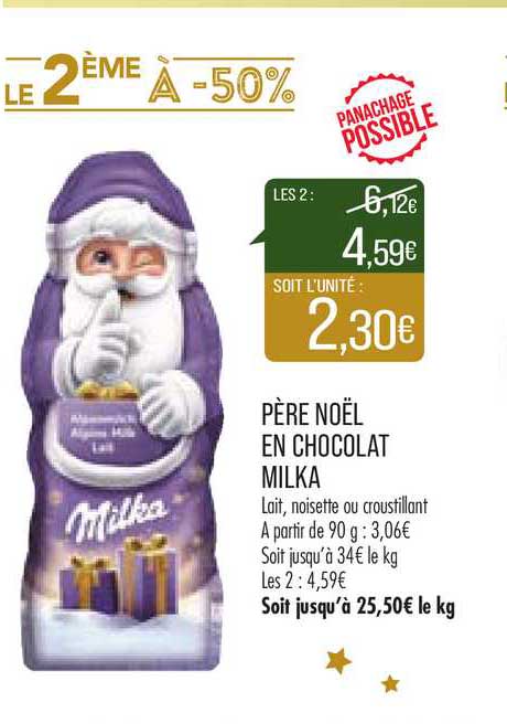 père noël en chocolat milka le2ème à -50%