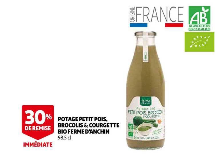 potage petit pois, brocolis & courgette bio ferme d'anchin