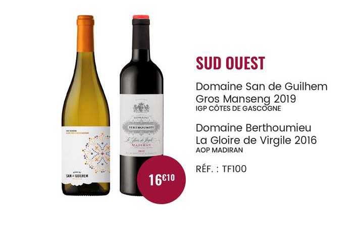 sud ouest domaine san de guilhem gros manseng 2019 igp côtes de gascogne domaine berthoumieu la gloire de virgile aop madiran