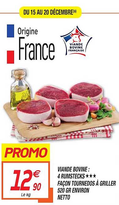 viande bovine : 4 rumstecks façon tournedos à griller netto