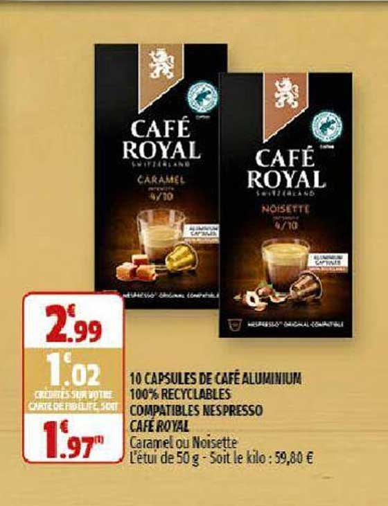 10 capsules de café aluminium 100% recyclables compatibles nespresso café royal