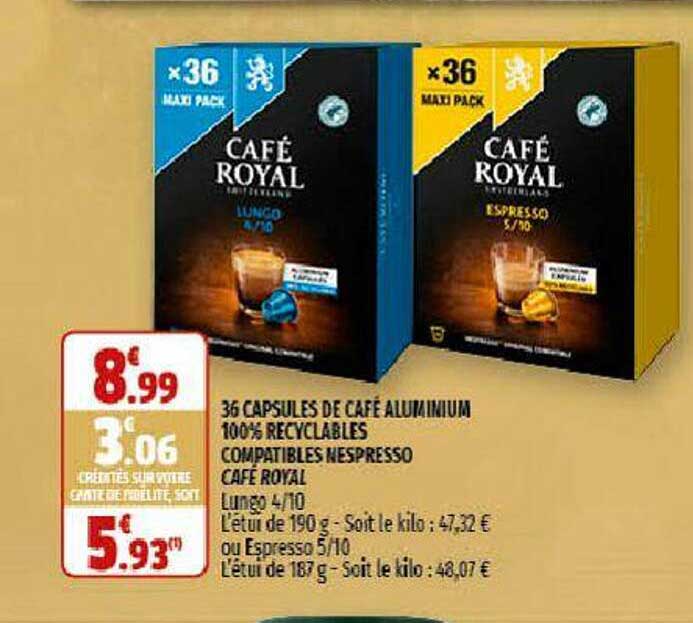 36 capsules de café aluminium 100% recyclables compatibles nespresso café royal