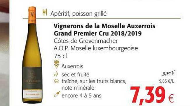 apéritif, poisson grillé, vignerons de la moselle auxerrois grand prmier cru 2018-2021
