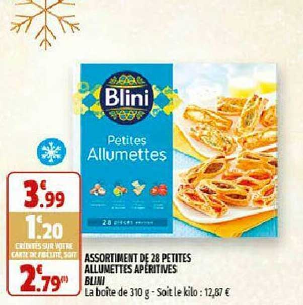 assortiment de 28 petites allumettes apéritives blini