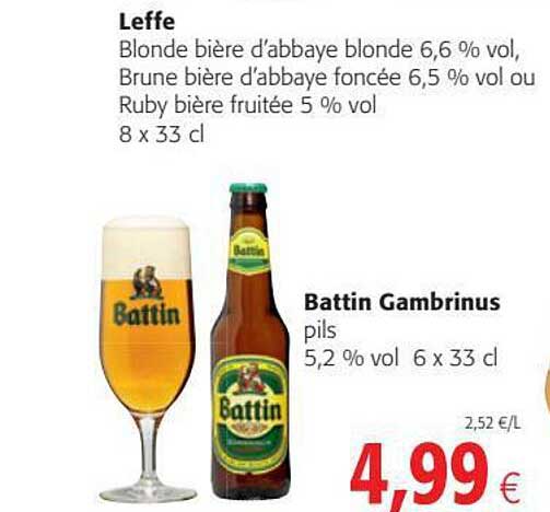 bière blonde d'abbaye, bière brune d'abbaye foncée ou bière ruby fruitée leffe, pils battin gambrinus