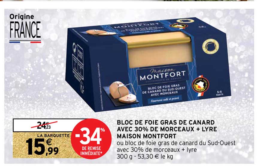 bloc de foie gras de canard avec 30% de morceaux + lyre maison montfort