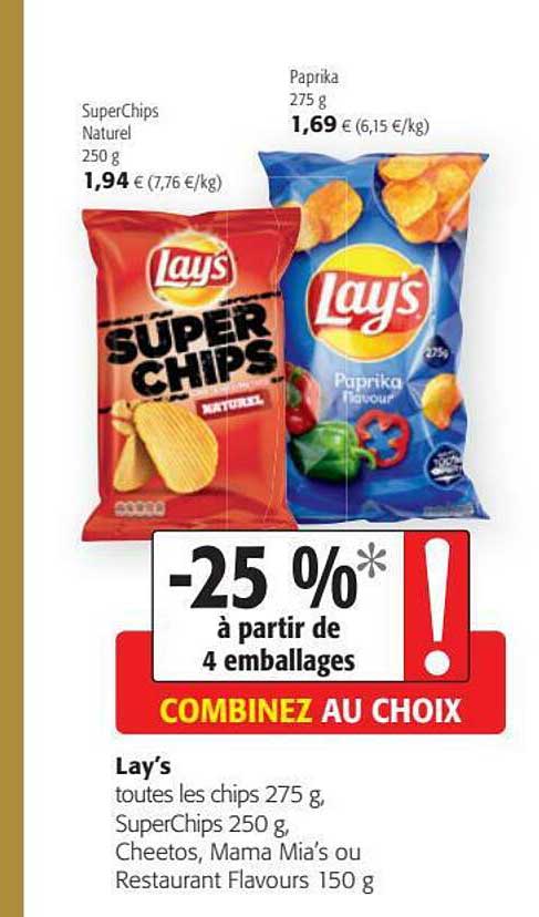 chips, superChips, cheetos, mama mia's ou restaurant flavours lay's
