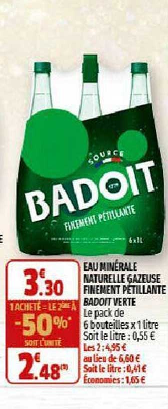 eau minérale naturelle gazeuse finement pétillante badoit verte