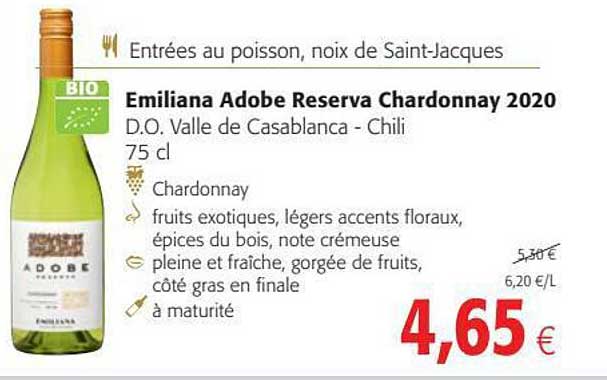 entrées au poisson, noix de saint-jacques, emiliana adobe reserva chardonnay 2020 d.o. valle de casablanca - chili