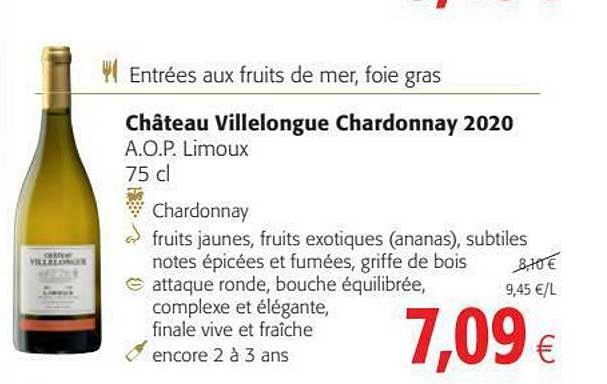 entrées aux fruits de mer, foie gras, château villelongue chardonnay 2020 a.o.p. limoux
