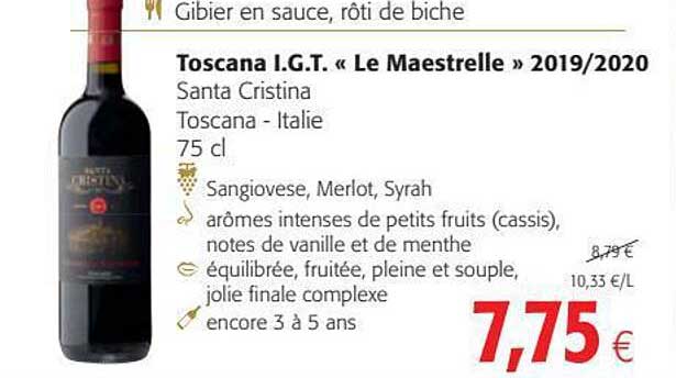 gibier en sauce, rôti de biche, toscana i.g.t. "le maestrelle" 2019-2020 santa cristina toscana - italie