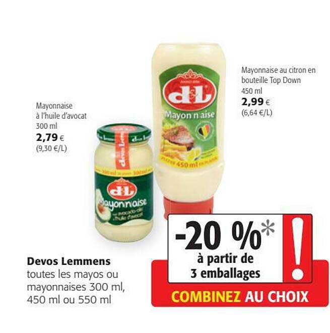 mayonnaise à l'huile d'avocat, mayonnaise au citron en bouteille top down devis lemmens