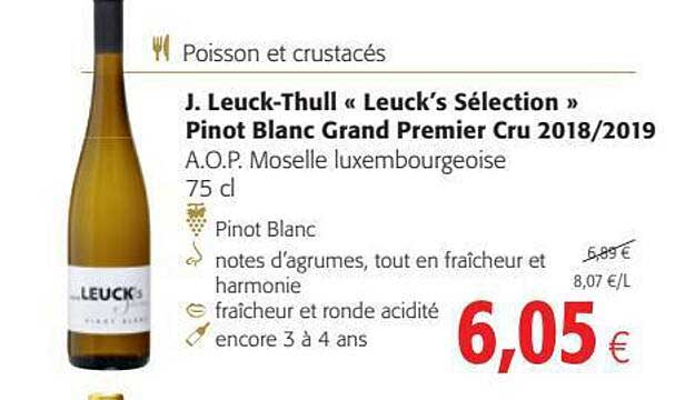 poisson et crusstacés, j. leuck-thull "leuck's sélection" pinot blanc grand premier cru 2018 - 2019