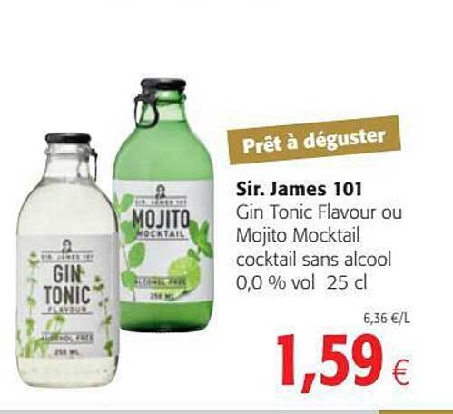 sir. james 101 gin tonic flavour ou mojito mocktail cocktail sans alcool 0,0% vol. 25 cl