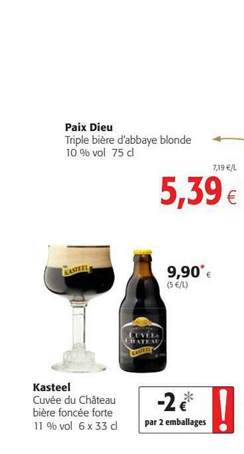 triple bière d'abbaye blonde paix dieu, cuvée du château bière foncée forte kasteel