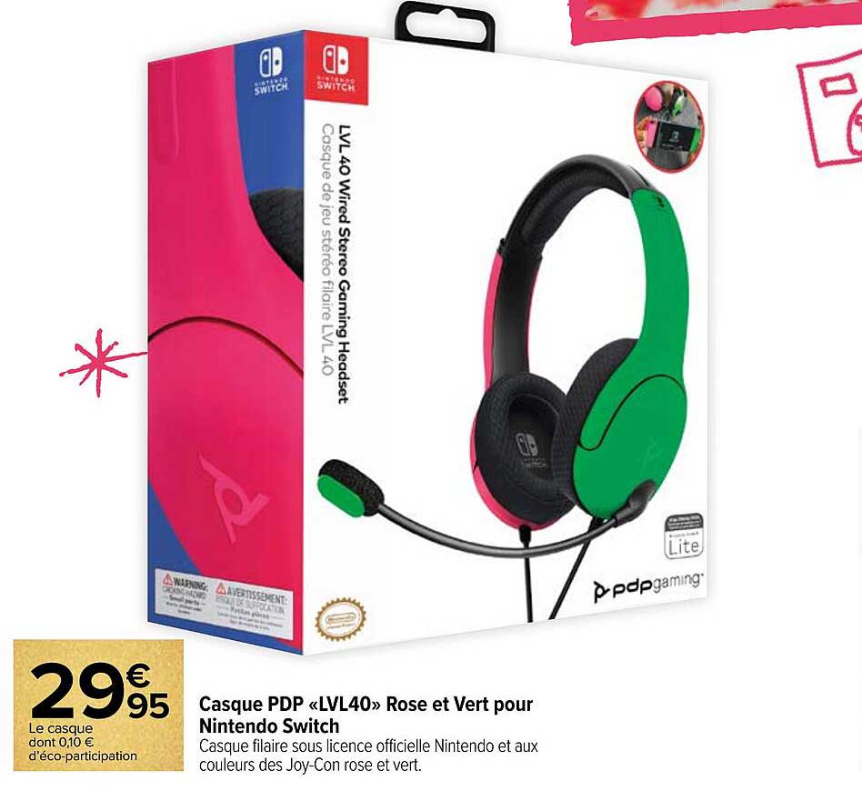 casque pdp «lvl40» rose et vert pour nintendo switch