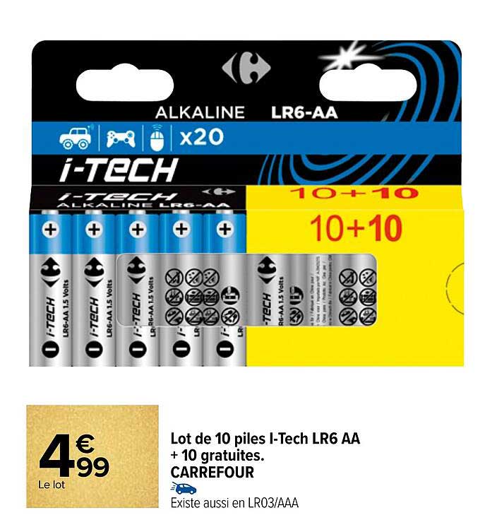 lot de 10 piles i-tech lr6 aa + 10 gratuites carrefour