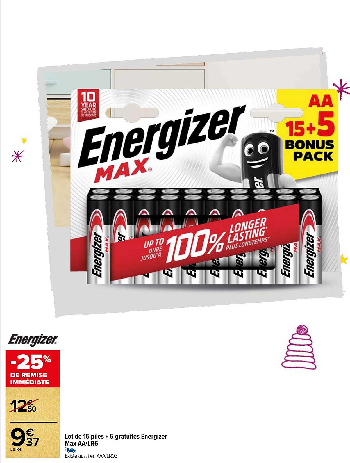 lot de 15 piles + 5 gratuites energizer max aa-lrs