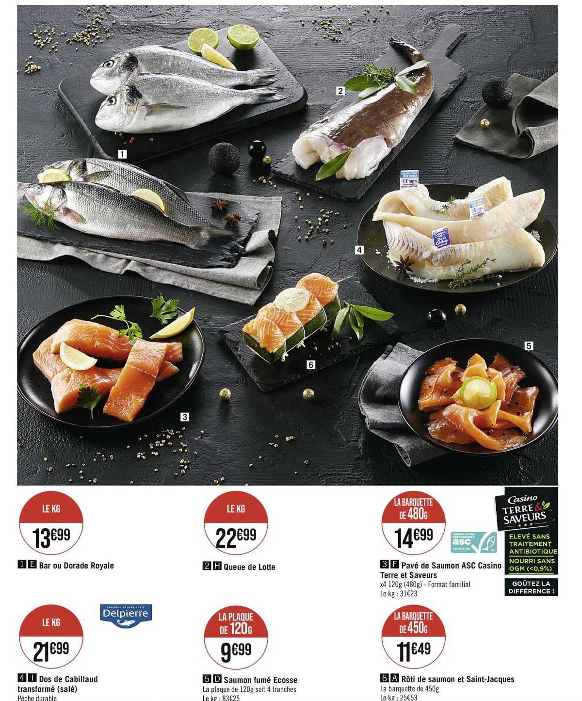 bar ou dorade royale, queue de lotte, pavé de saumon asc casino terre et saveurs, dos de cabillaud transformé (salé), saumon fumé ecosse, rôti de saumon et saint-jacques