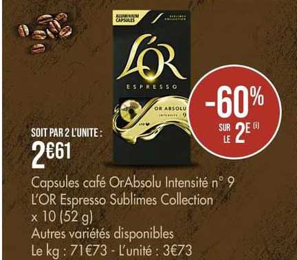 capsules café or absolu intensité n°9 l'or espresso sublimes collection x10