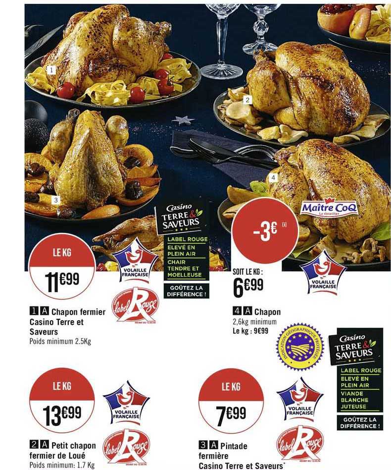 chapon fermier casino terre et saveurs, petit chapon fermier de loué, chapon maître coq, pintade fermière casino terre et saveurs label rouge