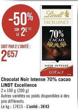 Chocolat Noir Intense 70% Cacao Lindt Excellence