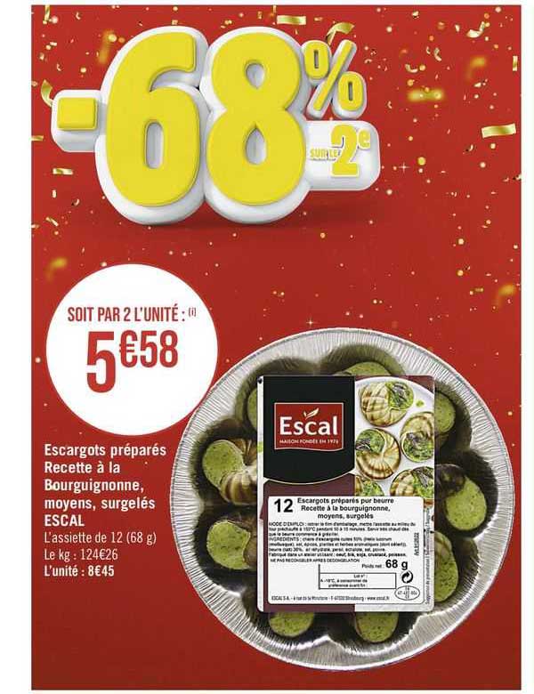 escargots préparés recette à la bourguignonne, moyens, surgelés escal