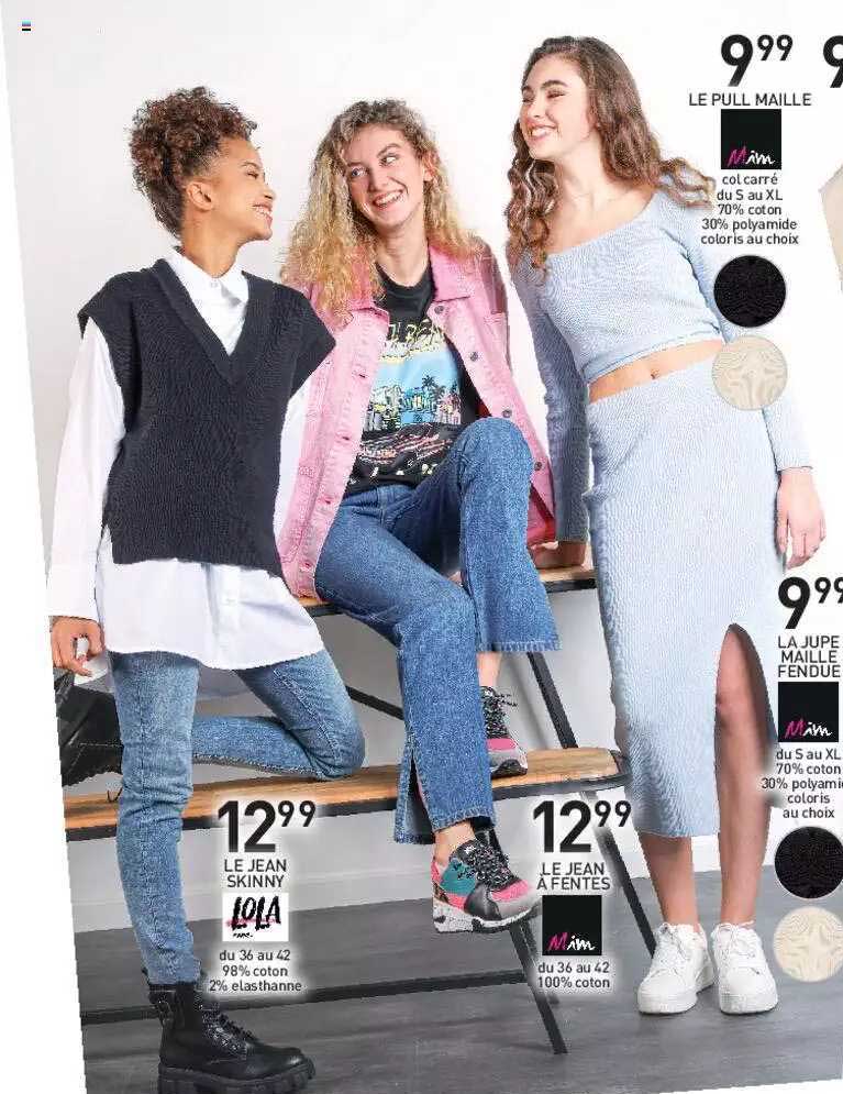 le jean skinny lola, le jean à fentes, la jupe maille fendue, le pull maille