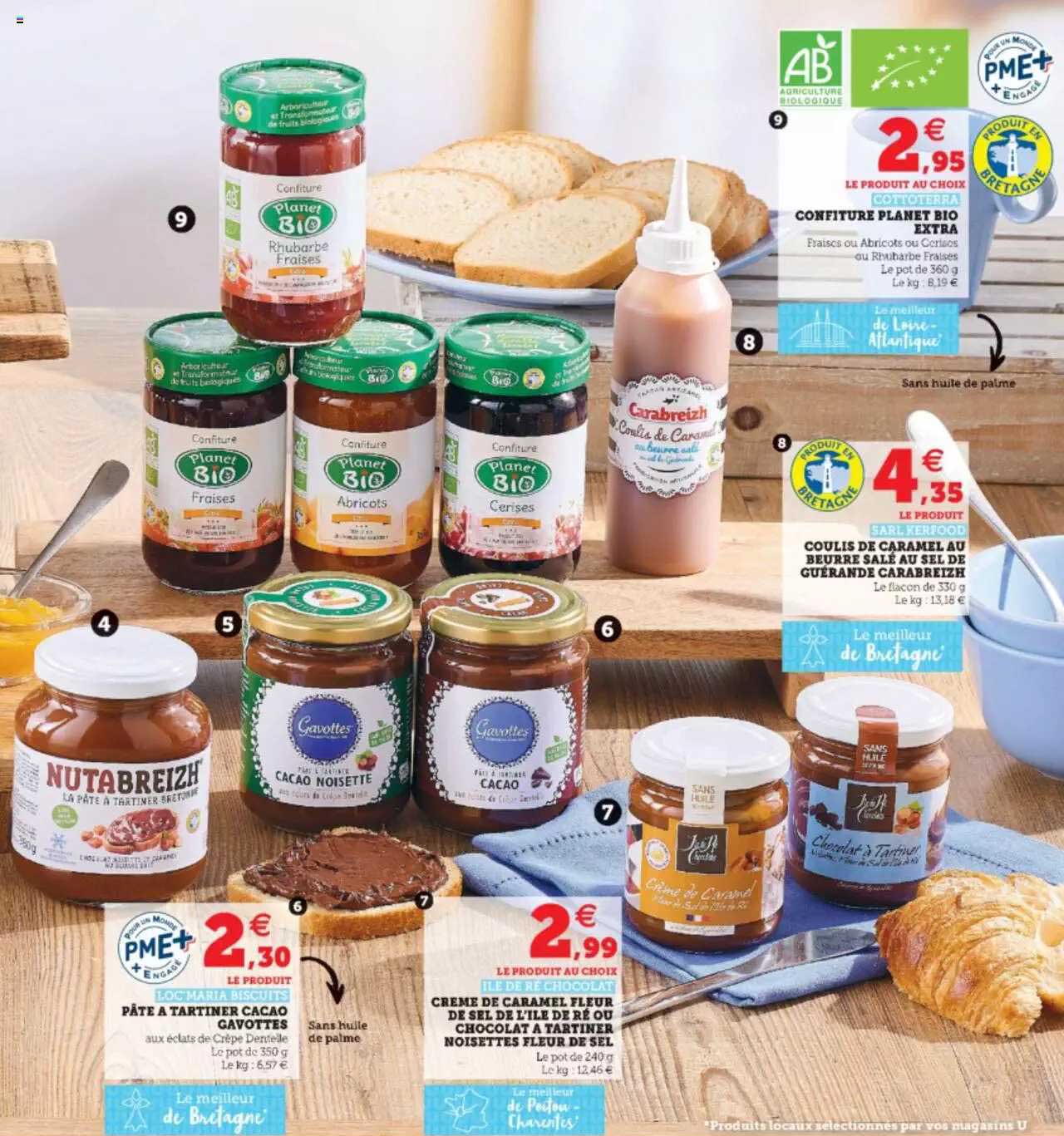 pâte à tartiner cacao gavottes, crème de caramel fleur de sel de l'île de ré ou chocolat à tartiner noisettes fleur de sel, confiture planet bio extra, coulis de caramel au beurre salé