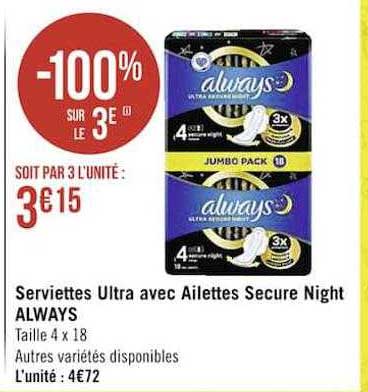serviettes ultra avec ailettes secure night always