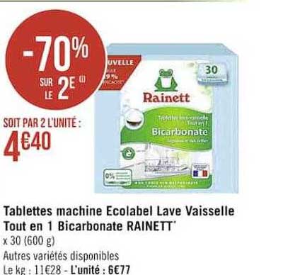 Tablettes Machine écolabel Lave-vaisselle Tout En 1 Bicarbonate Rainett