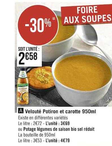 velouté potiron et carotte 950ml ou potage légumes de saison bio sel réduit