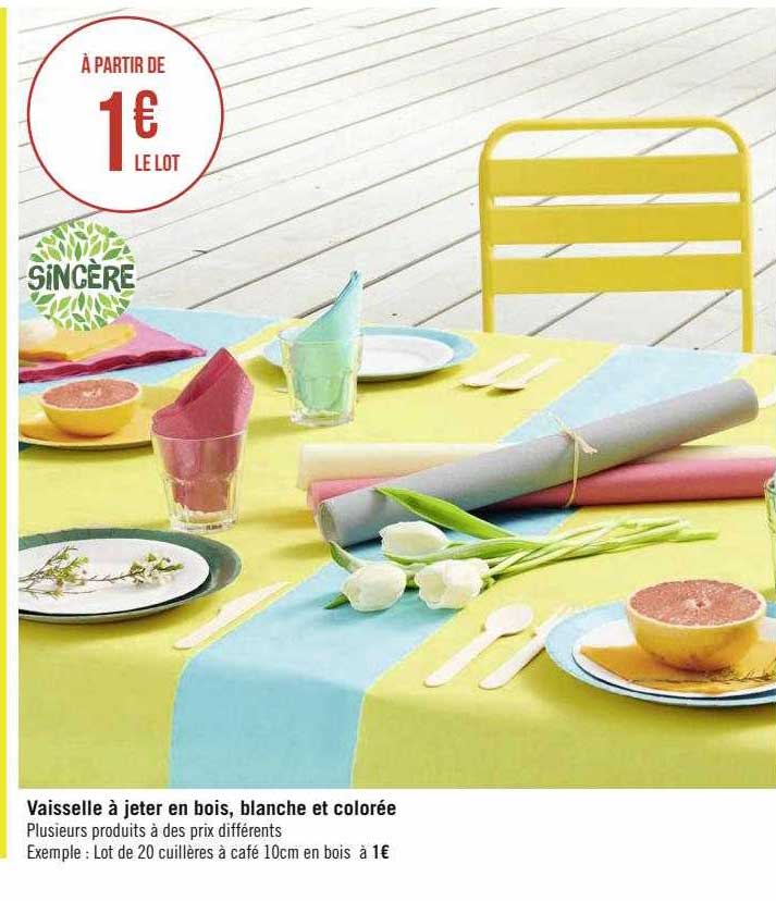 vaisselle à jeter en bois, blanche et colorée sincère