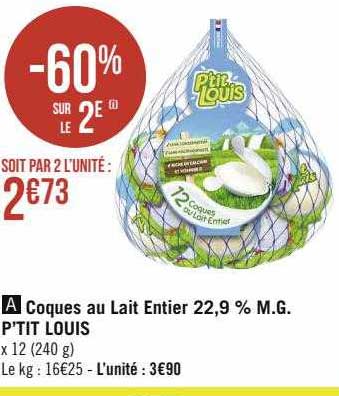 coques au lait entier 22,9% m.g. p'tit louis
